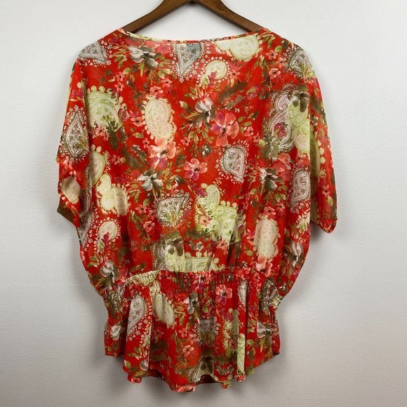 Rafaella Top L Floral Red Green Semi Sheer‎ Smocked Short Dolman Sleeve - Picture 5 of 9
